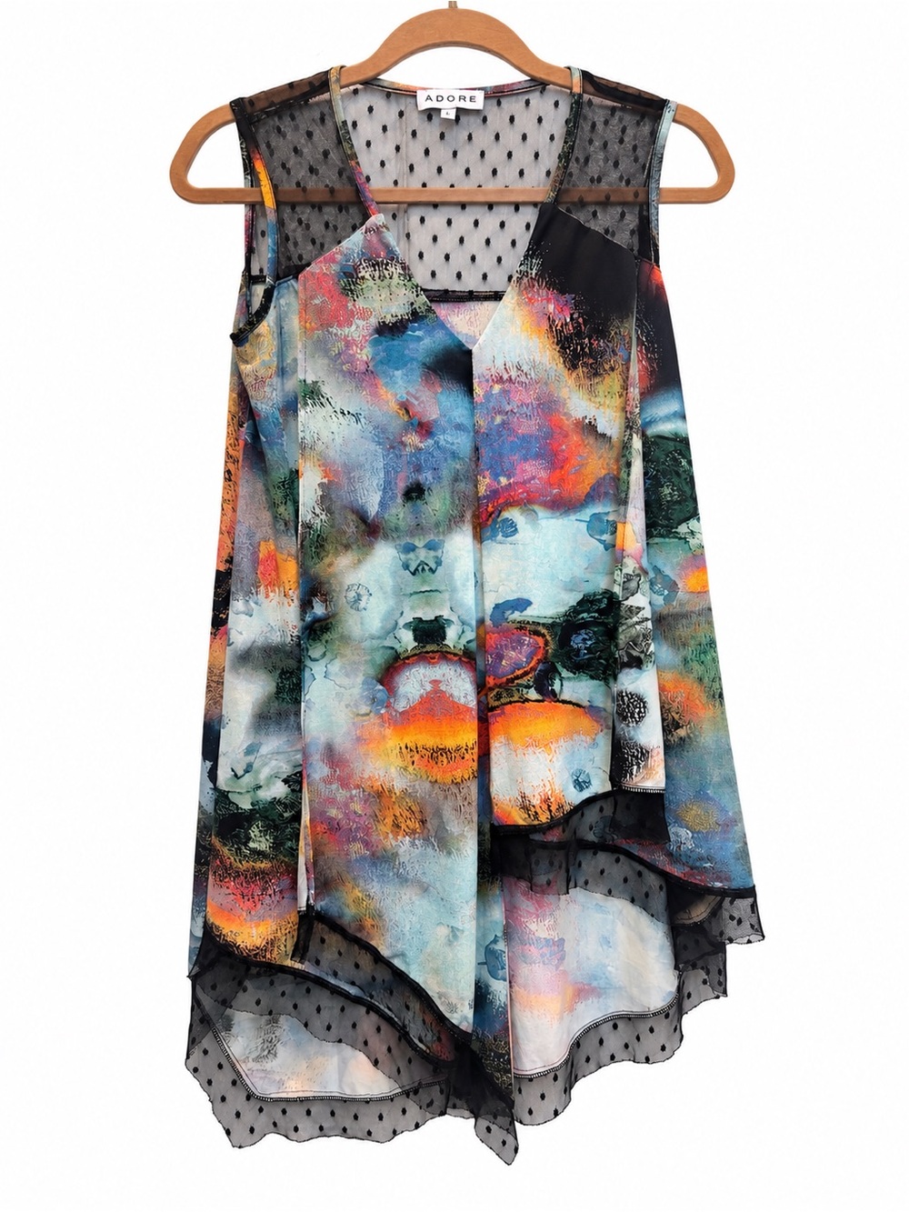 Adore Size S Abstract Print Mesh Asymmetrical Tunic Top Boho Artsy Layered Lace